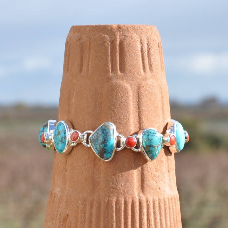 Bracelet en argent et 13 pierres Turquoise et Corail (bleu) (orange)