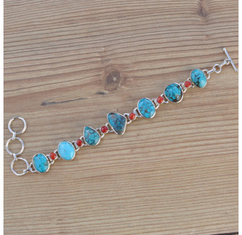 Bracelet en argent et 13 pierres Turquoise et Corail (bleu) (orange)
