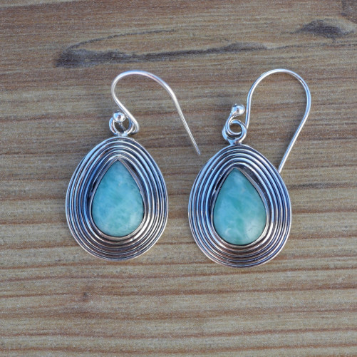 Boucles d'oreilles goutte en argent strié et pierre Amazonite (vert)