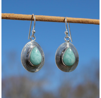 Boucles d'oreilles goutte en argent strié et pierre Amazonite (vert)