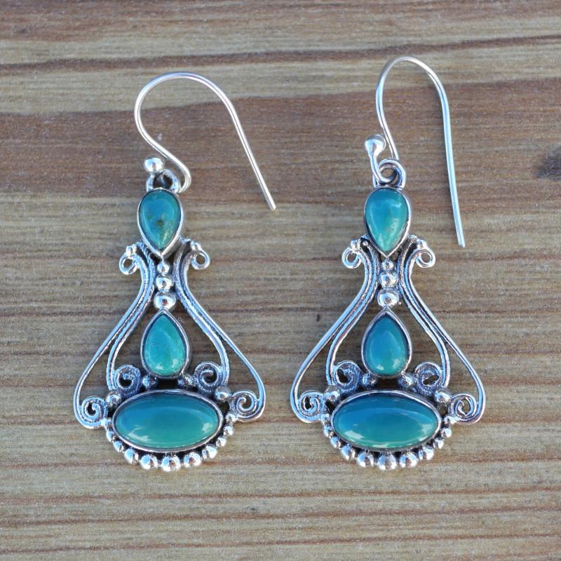 Boucles d'oreilles ciselées en argent et 3 pierres en Turquoise (vert)