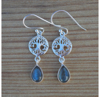 Boucles fines arbre de vie et pierre goutte Labradorite (bleu)