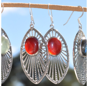 Longues boucles d'oreilles argent navette et pierre ovale en Cornaline (orange)