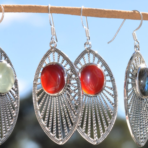 Longues boucles d'oreilles argent navette et pierre ovale en Cornaline (orange)