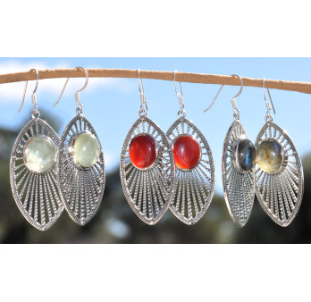 Longues boucles d'oreilles argent navette et pierre ovale en Cornaline (orange)