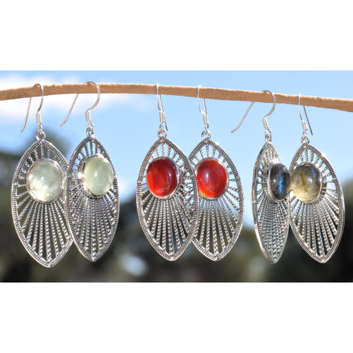 Longues boucles d'oreilles argent navette et pierre ovale en Cornaline (orange)