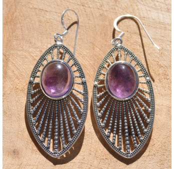 Longues boucles d'oreilles argent navette et pierre ovale en Améthyste (violet)