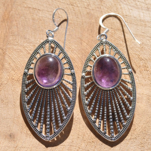 Longues boucles d'oreilles argent navette et pierre ovale en Améthyste (violet)