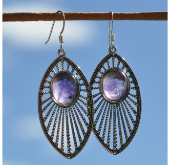 Longues boucles d'oreilles argent navette et pierre ovale en Améthyste (violet)