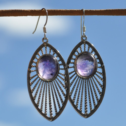 Longues boucles d'oreilles argent navette et pierre ovale en Améthyste (violet)