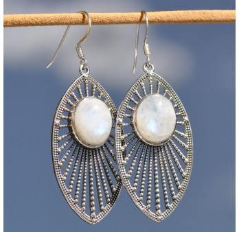 Longues boucles d'oreilles argent navette et pierre ovale en Pierre de lune (blanc)