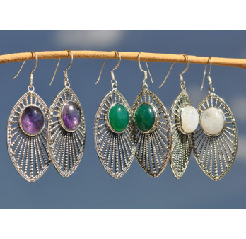 Longues boucles d'oreilles argent navette et pierre ovale en Pierre de lune (blanc)