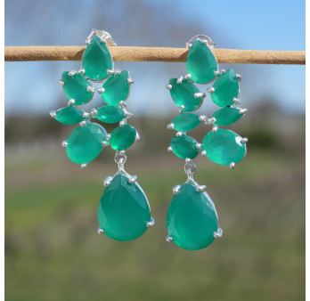 Longues boucles argent 8 pierres facettées en Agate verte (vert)