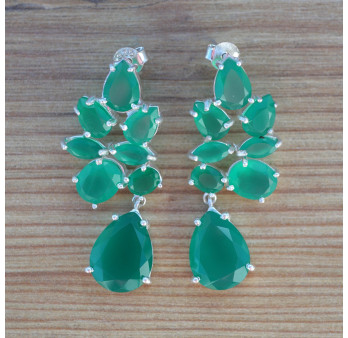 Longues boucles argent 8 pierres facettées en Agate verte (vert)