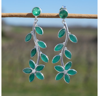 Boucles d'oreilles fleurs clous argent 11 pierres Agate verte (vert)