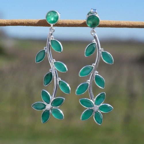 Boucles d'oreilles fleurs clous argent 11 pierres Agate verte (vert)