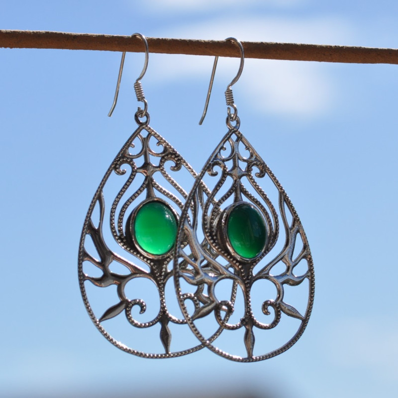 Grandes boucles d'oreilles argent goutte et pierre ovale en Agate verte (vert)