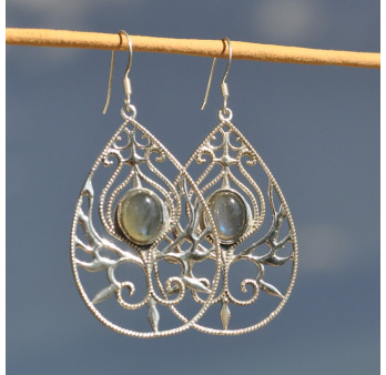 Grandes boucles d'oreilles argent goutte et pierre ovale en Labradorite (bleu) (vert)