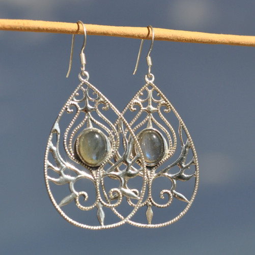 Grandes boucles d'oreilles argent goutte et pierre ovale en Labradorite (bleu) (vert)