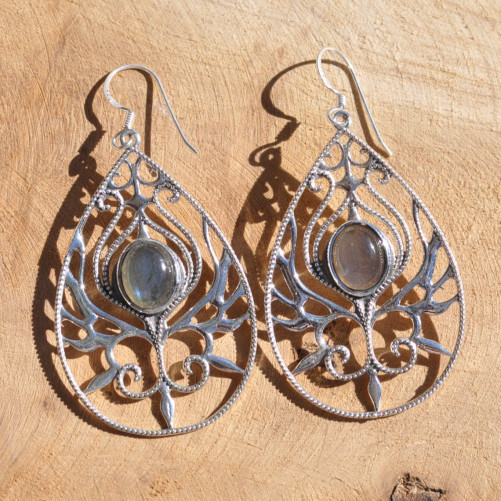 Grandes boucles d'oreilles argent goutte et pierre ovale en Labradorite (bleu) (vert)