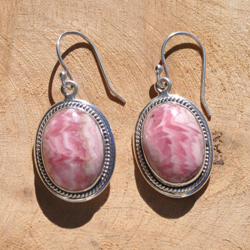 Boucles d'oreilles ovales en argent et pierre en Rhodochrosite (rose)