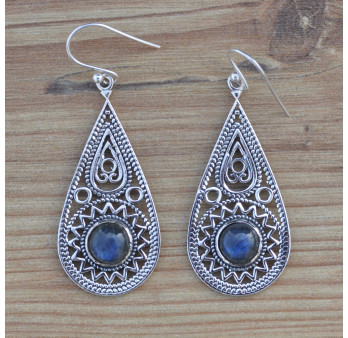 Grandes boucles gouttes en argent ajourées et pierre Labradorite (bleu)