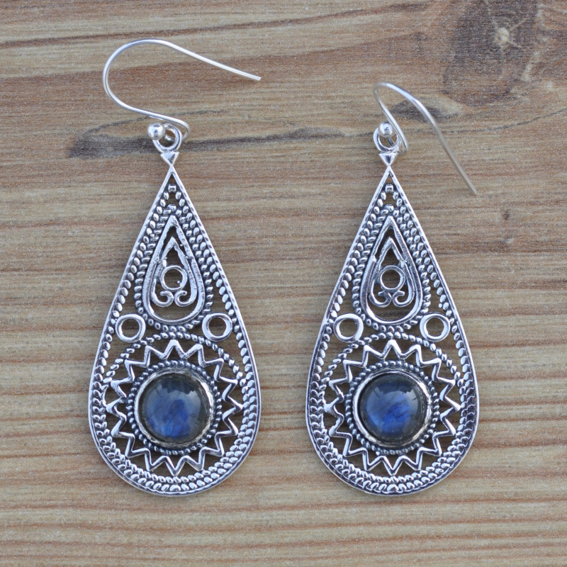 Grandes boucles gouttes en argent ajourées et pierre Labradorite (bleu)