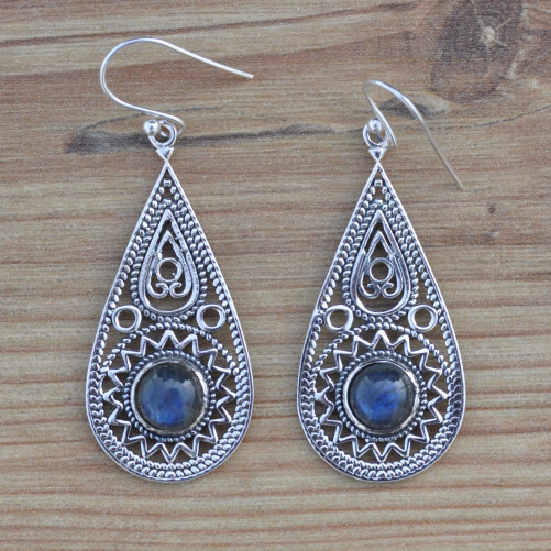 Grandes boucles gouttes en argent ajourées et pierre Labradorite (bleu)
