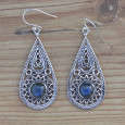 Grandes boucles gouttes en argent ajourées et pierre Labradorite (bleu)