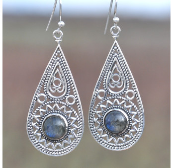 Grandes boucles gouttes en argent ajourées et pierre Labradorite (bleu)