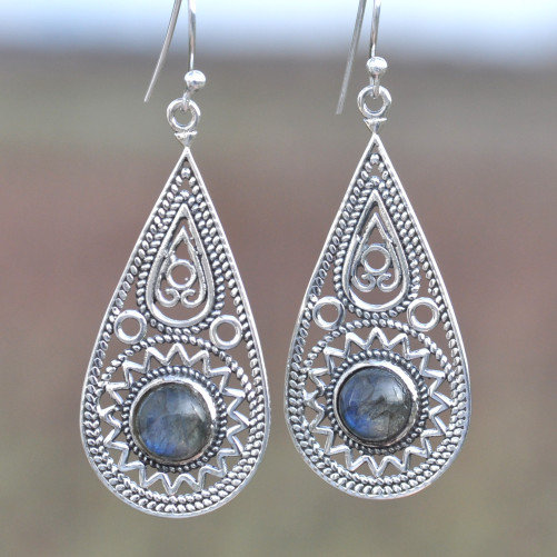 Grandes boucles gouttes en argent ajourées et pierre Labradorite (bleu)
