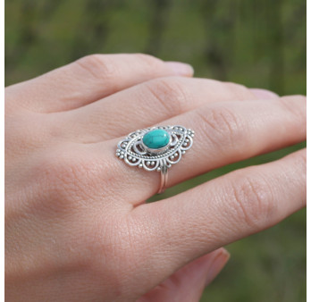 Bague fine bohème Howlite et argent ciselé (bleu)