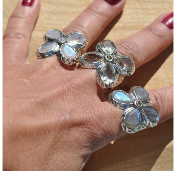 Grosse bague fleur argent et 5 pierres en Labradorite (vert) (bleu) T57