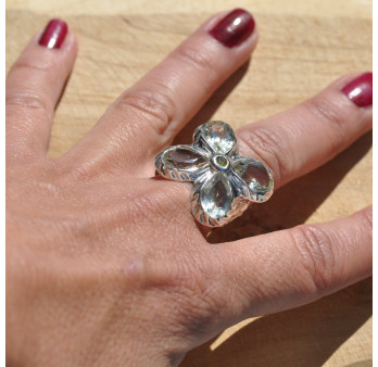 Grosse bague fleur argent et 5 pierres en Prasiolite (vert) T57/60