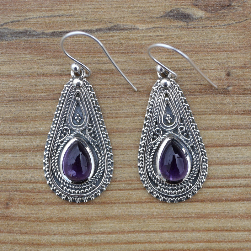 Boucles d'oreilles gouttes ciselées en argent et pierre Améthyste (violet)