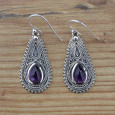 Boucles d'oreilles gouttes ciselées en argent et pierre Améthyste (violet)