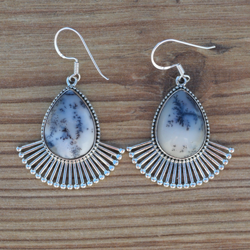 Grandes boucles gouttes pierre Agate dendrite et rayons en argent (blanc) (noir)