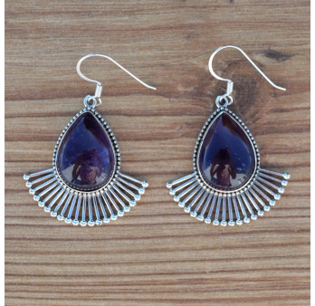 Grandes boucles gouttes pierre Améthyste et rayons en argent (violet)