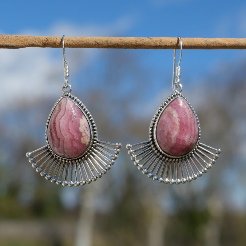 Grandes boucles gouttes pierre Rhodochrosite et rayons en argent (rose)