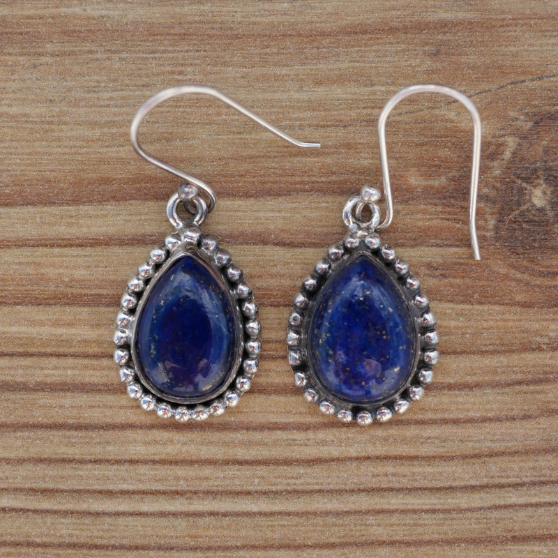 Boucles d'oreilles gouttes en argent ciselé et Lapis lazuli (bleu)