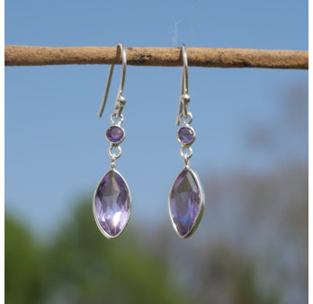 Boucles d'oreilles fines navettes en argent et Améthyste (violet)