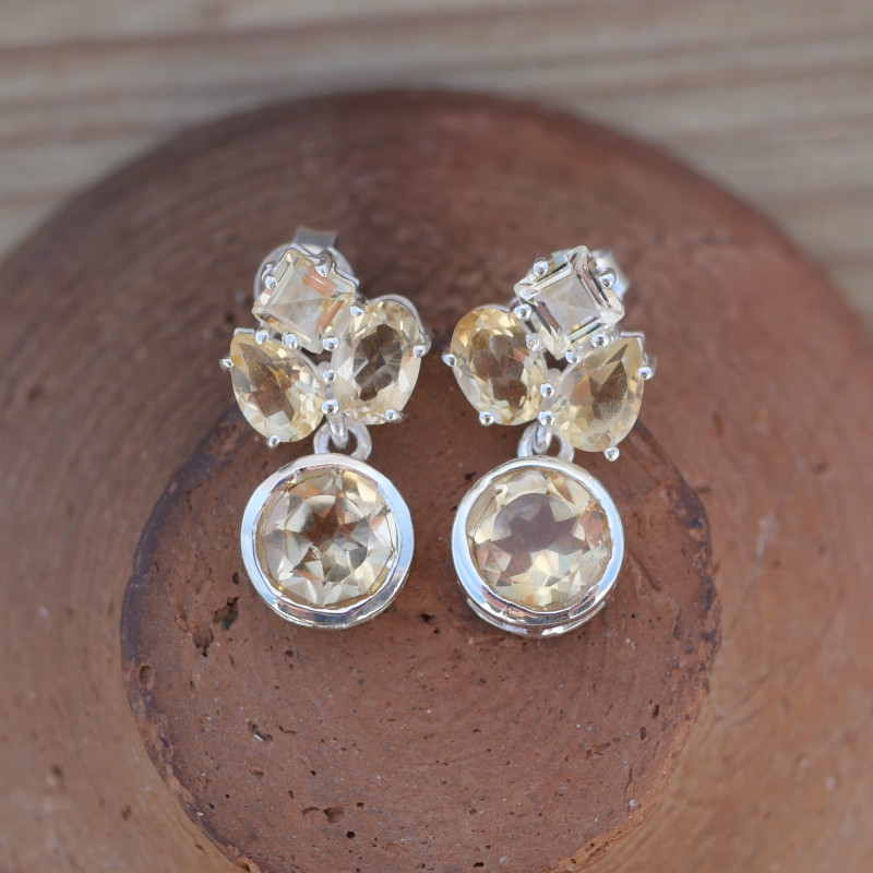 Petites boucles chics 4 pierres en Citrine et argent