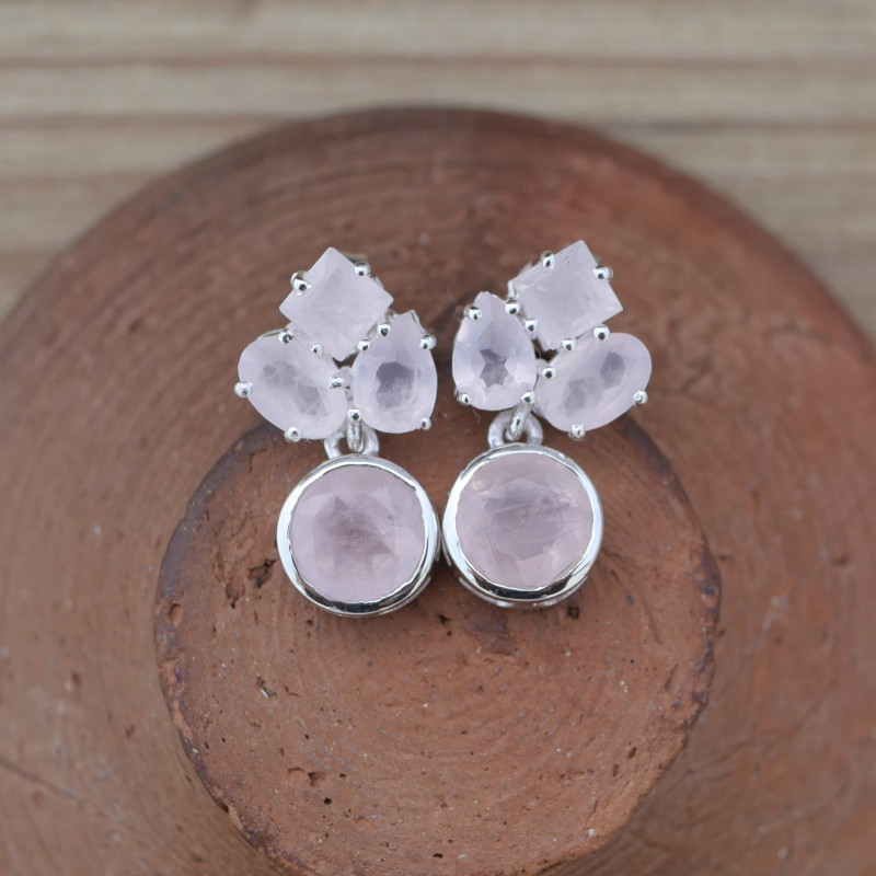 Petites boucles chics 4 pierres en Quartz rose et argent