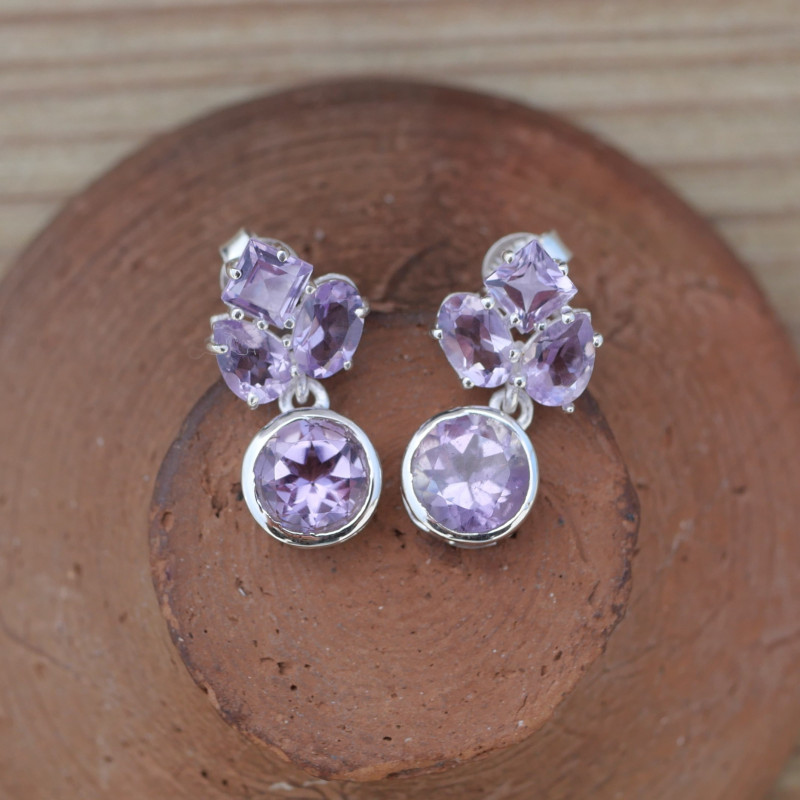 Petites boucles chics 4 pierres en Améthyste et argent