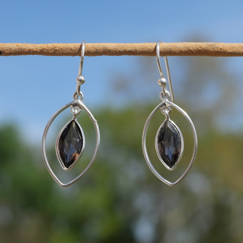 Boucles d'oreilles navettes ajourées argent et Quartz fumé (brun)