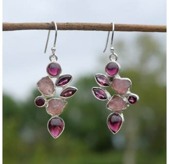 Boucles d'oreilles argent 7 pierres Grenat et Quartz rose (rouge) (rose)