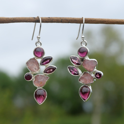 Boucles d'oreilles argent 7 pierres Grenat et Quartz rose (rouge) (rose)