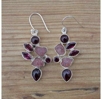 Boucles d'oreilles argent 7 pierres Grenat et Quartz rose (rouge) (rose)