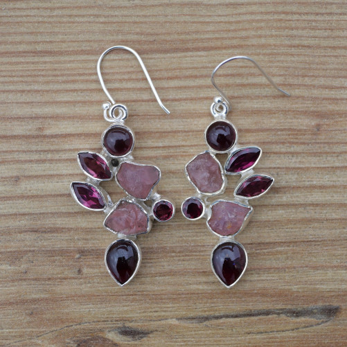 Boucles d'oreilles argent 7 pierres Grenat et Quartz rose (rouge) (rose)