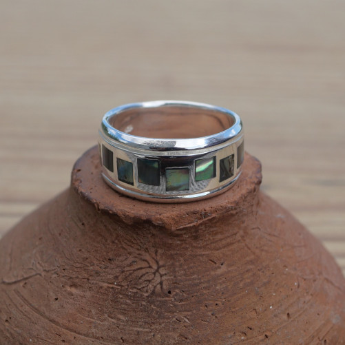Anneau large en argent et carrés en Abalone (multicolore)